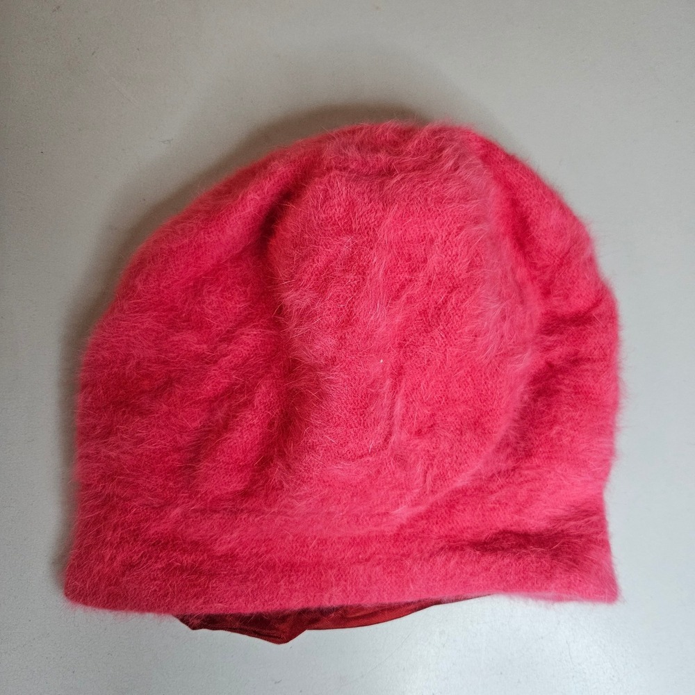 Vintage Angora Wool Beret Hat Pink Fuzzy Slouchy Beanie Italy Satin‎ Lined
